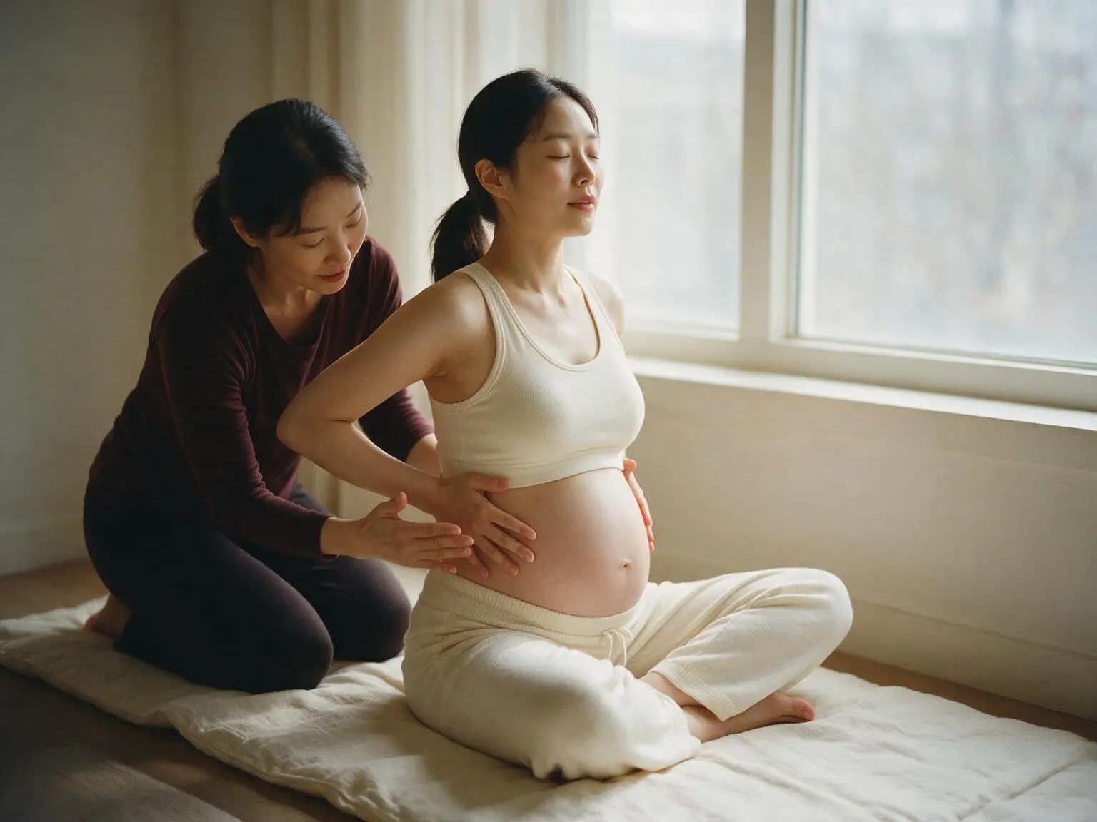 산전 프로그램 — 전문가가 옆에서 움직임을 지도하는 장면